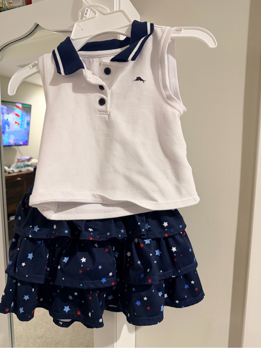 Toddler tommy bahama Navy Star Ruffle skort with White Polo Tank